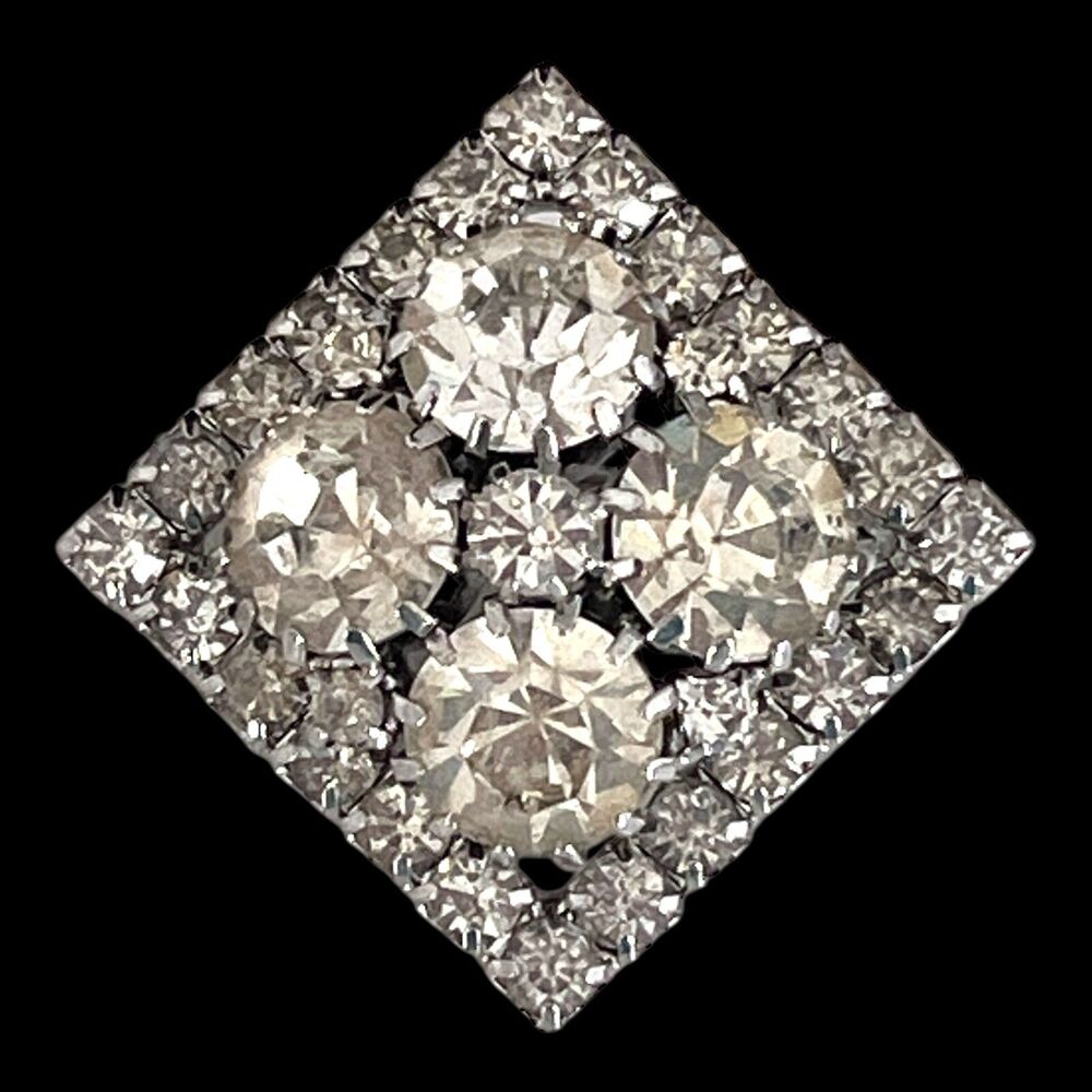 Vintage 1950s Rhinestone Cluster Brooch Silver Tone Crystal Square Pin - 6D